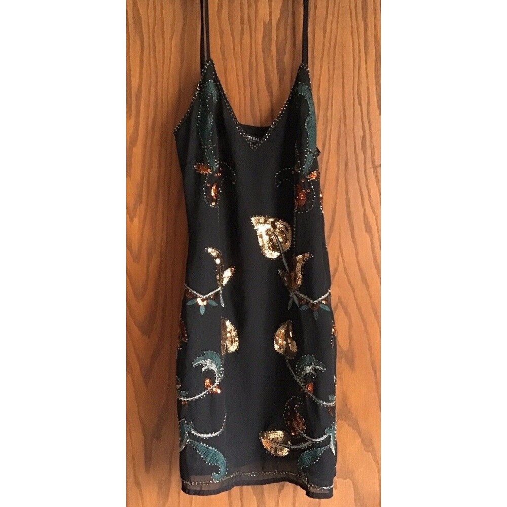 Vtg Nasty Gal Womens Y2K Beaded Whimsigoth Mini Dress Size 2 Black Gold Romantic - Picture 4 of 4